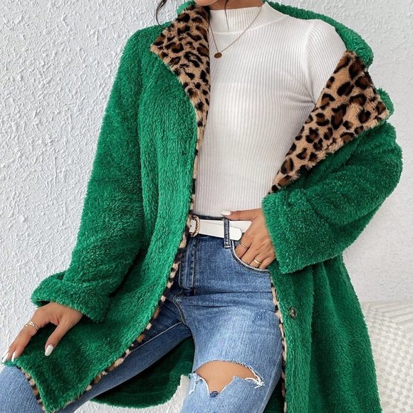 Contrast Leopard Pattern Lapel Neck Fleece Coat - Picture 4 of 5